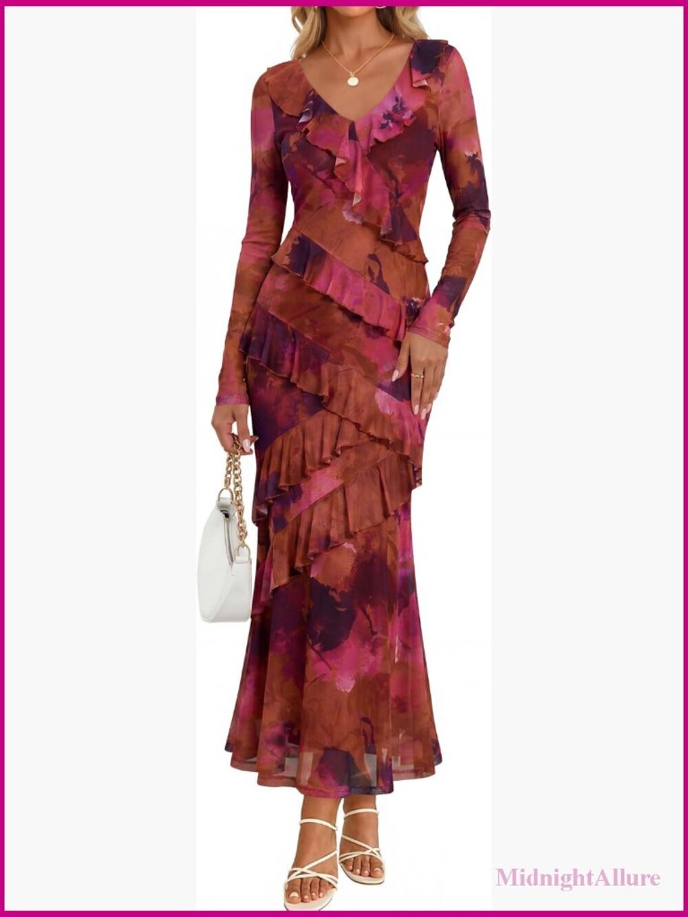 Fall Floral Wedding Guest Maxi Dress Long Sleeve Bodycon Mermaid Silhouette